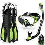 Odoland 4 in 1 Snorkel Set, Snorkeling Packages with Dry Top Diving Mask, Adjustable Swim Fins, Mesh Bag, Anti-Fog Anti-Leak Snorkeling Gear for Men Women,Green,S/M