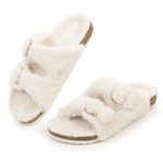 FITORY Womens Open Toe Fuzzy Slipper with Cozy Lining,Faux Rabbit Fur Cork house Sandals White Size 8