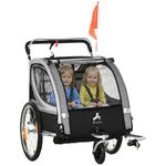 Aosom 2 Seat Bike Trailer for Kids 2-in-1 Double Baby Stroller with Handbrake, Rubber Wheels, 5 Point Harness, Waterproof Cover, Storage Bag, Reflectors, Grey