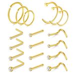 AVYRING 18G Gold Nose Stud, Stainless Steel Nose Stud Screws with Cubic Zirconia, Nose Studs Rings Hoop Set for Women Men, Pack of 18 Pieces