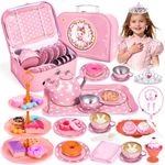 Hohosunlar Kids Tea Set for Toddlers, Princess Tea Party Toy for Children, Tin Tea Cups Set for Girls Teapot Dessert Kitchen Pretend Play with Carrying Case, Christmas Birthday Gift for Girls Age 3-8