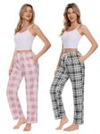 Komfokore Women's Plaid Pajama Pants Soft Comfy Drawstring Casual Pants with Pockets 2 Pack-Pink Plaid/Black Plaid L