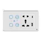 HomeMate Smart Touch Switch Panel (White) with Silver Bezel | Edge Series | 2 Switch, 1 Fan & 1 Socket with Quick Charge USB's | Compatible with 4 Gang Box| Works with Alexa, Google Assistant & Siri