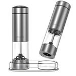 CIRCLE JOY Battery Operated Electric Salt and Pepper Grinder Set with Base, Stainless Steel Pepper Mills with 95ml Container, White LED Light and External Adjustable Coarseness, Silver