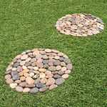 2 x Round Pebble Stepping Stones - Naturally Polished River Rock Weatherproof Outdoor Garden Pathway Slabs with PVC Backing – Each Measure 33cm Diameter