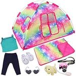 ZITA ELEMENT 7 Items Fashion Doll Camping Tent Set for American 18 Inch Girl Doll Accessories - Including 18 Inch Doll Camping Tent, Sleeping Bag, Clothes Set, Shoes, Camera, Eye Glasses and Toy Dog