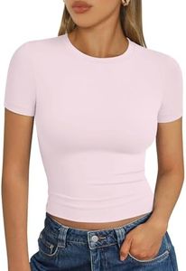 Trendy Queen Womens Basic T-Shirts Scoop Neck Short Sleeve Crop Tops Cute Summer Tops Slim Fit Tees Y2k Clothing 2025 Light Pink XS