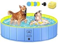 COZII Dog Paddling Pool Foldable, Portable Swimming Pool for Pets and Kids - Dog Pool Large with 6mm PP Board and Hard PVC, Non-Slip Dog Bathtub with Bath Brush, 120 x 30cm