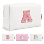 Personalized Makeup Bag Initial A-Z Preppy Patch Bag,Small PU Leather Travel Cosmetic Bag Pouch with Zipper,White Cute Toiletry Bag,Gift Ideal for Teen Girls Women Birthday Friend Mom,Letter A