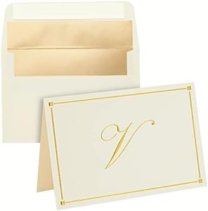 Gold Foil Letter V Personalized Blank Note Cards with Envelopes 4x6, Initial V Monogrammed Stationery Set (Ivory, 24 Pack)