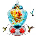 Hummingbird Feeder with Perch - Hand Blown Glass - 38 Fluid Ounces Blue Hummingbird Nectar Capacity Including Hanging Wires and Moat Hook Blue