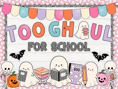 AnyDesign 55 Pcs Halloween Bulletin Board Decorations Too Ghoul for School Cute Ghost Skeleton Pumpkin Cutouts Set with 100 Pcs Glue Points for Party Classroom Wall Door Decor