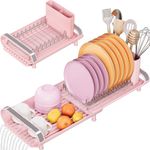 TOOLF Small Dish Drying Rack, Mini Expandable Compact Dish Rack, Narrow Stainless Steel Dish Drainer with Cutlery Holder, Space Saving Dish Strainer Inside Sink or on Kitchen Countertop, Pink