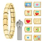 papasgix Italian Charm Bracelet Set with Starter Brascelet, Assorted Charms and Opening Tools, 9mm Modular Italian Charm Bracelet Links Handmade DIY Jewelry Valentine's Day Mother's Day BFF Gifts (12pcs Gold Princess)