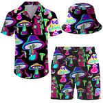 ifamawlea Men's 2 Piece Tracksuit Hawaiian Shirt Shorts Button Down Shirt and Shorts Sets with Bucket Hats, Mushroom, X-Large