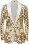 PYJTRL Men Stylish Satin Face Sequins Floral Pattern Suit Jacket Blazer (Champagne Gold, XS)
