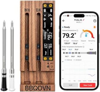 BBQOVN (Luxury Walnut Wood) WiFi Sub-1G Wireless Meat Thermometer Unlimited Range 7 NIST Certified Sensors with Ambient Temp 2 Temp Monitoring Ways Digital Smart Base and App for Smoker, Grill, Oven