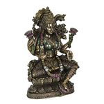 Bronze Finish Hindu Goddess Lakshmi On Lotus Statue 9.25 Inches High