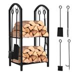 VOUNOT Log Rack with 4 Fireplace Tools Indoor Fireside Companion Set Outdoor Log Holder for Wood Burner Wrought Iron Log Storage Tool Set Wood Stove Fireplace Accessories, 38x33x75 cm