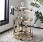 Rare Objects Round Shape 2 Tier Bar Trolley for Home with Wheels and Handle Restaurant Mobile Cart for Serving Food Kitchen Trolley Organizer with Glass Top