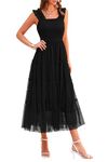 PRETTYGARDEN Women's 2024 Summer Midi Dress Casual Sleeveless Smocked Ruffle Tulle Flowy Beach Sundress (Black,Small)