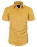 siliteelon Mens Short Sleeve Casual Cotton Shirt Yellow Regular-fit Button Down Summer Tops,Large