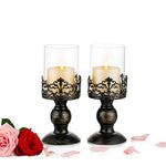 NUPTIO Vintage Candle Holders for Tables Black Pillar Candle Holder with Glass Screen Cover, Antique Hurricane Candlestick Display for Home Wedding Party Candlelight Dinner Decoration, 2 Pcs