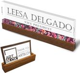 Artblox Personalized Office Desk Name Plate and Business Card Holder | Clear Acrylic Glass with Teak Wood Stand | Wild Flowers Design Customized with Your Name and Credentials Office Desk Décor