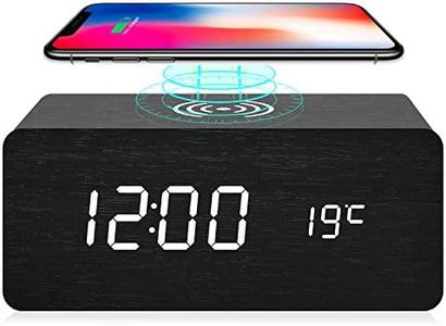 Jarttarn fomobest Wooden Alarm Clock with Wireless Charging, Wood Digital LED Desk Clock for Bedroom, 3 Alarm Settings, Sound Control, Adjustable Brightness, Time Temperature