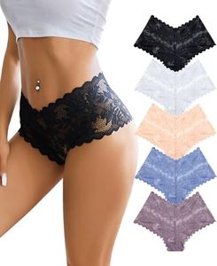 FINETOO Sexy Underwear for Women V-Waist Shorts Women' s Underwear Lightweight Soft Lace High Waist Panties 5 Pack, D 5 Pack (Black*1 Khaki*1 Nude*1 White*1 Purple*1), Small