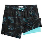 MaaMgic Mens Swim Trunks with Compression Liner 2 in 1 Swimming Shorts Stretch 5.5" Quick Dry Bathing Suits,Dinosaur Black,Large