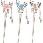 OIIKI Butterfly Flowers Hair Sticks Pins for Buns 3pcs, Chinese Flower Hair Chopsticks Hairpins for Women Girls Long Thick Hair, Vintage Rhinestone Hair Pins with Tassels Hair Styling Accessories for Women