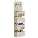 YOUDENOVA Over Door Storage with 6 Clear Window Pockets, Hanging Storage with Steel Hooks, Wardrobe Storage Organiser for Toy Nursery Kitchen Bedroom Bathroom (Beige-4 Pockets)