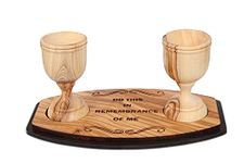 (2 Cup Set [Small, Olive Wood Tray]) - Communion Cups - The Lord's Supper Cups - Do This in Remembrance of Me on Serving on Bethlehem Olive Wood Tray and Two Olive Wood Cups with Stem in Gift Bag