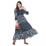 Rangavali Stylish Flared Fusion Dress for Women | Western Maxi Long Gown for Womens | Mangalgiri Cotton Dresses for Ladies | 1 Piece Dress | S, 32 Indigo