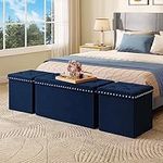 YITAHOME Velvet Tufted Storage Ottoman Bench with Stylish Rivets, for Bedroom Living Room Dressing Room for Multipurpose use (Set of 3, Blue)
