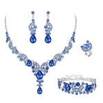 EVER FAITH Wedding Rhinestone Jewelry Sets for Women, Crystal Gorgeous Floral Wave Teardrop Necklace Dangle Earrings Bracelet Ring Set Light Blue Silver-Tone