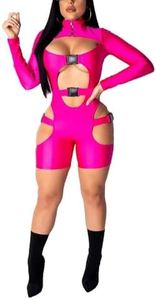 Yeshire Women's Bodycon Bag Buckle High Neck Long Sleeves Sexy Hollow Out Rompers Jumpsuits Clubwear Large Rose