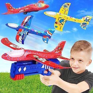 NCKIHRKK Jeux Enfant 3 4 5 6 Ans, 3 Pièces Avion Polystyrene Planeur avec Pistolet Catapulte, Fuselage Lumineux Jouet 3 Ans, pour Exterieur Intérieur Cadeau Garcon 3 4 5 6 7 8 9 10 Ans