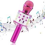 Karaoke Microphone for kids,4 in 1 Karaoke Bluetooth Microphone for Kids Adults,Toy Karaoke Mic Speaker Machine with Dancing LED Lights, Home KTV Player Compatible with Android & iOS Devices(Pink)