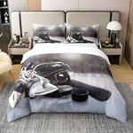Boys Ice Hockey 100% Cotton Duvet Cover Helmet Skates Lightweight Bedding 100% Cotton Set for Kids Young Man Winter Ice Sports Games Black Decor Quilt Cover Bedroom Collection 3Pcs King Zipper