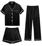 SWOMOG Womens Satin Pyjama Sets Ladies Silk Nightwear 3 Piece Short Sleeve Pj Set Button Down Sleepwear Set Loungewear Black