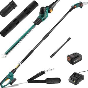 2-in-1 Akku Teleskop Heckenschere & Hochentaster, Akku Multigartengerät, mit 20V 4,0Ah Li-Ion Akku/Ladegerät, Drehbar Hauptgriff, Verstellbarer Schnittwinkel, Arbeitshöhe über 3m, inkl. Schultergurt