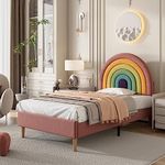 Merax Upholstered Bed (90 * 190CM) Height-Adjustable Headboard with Slatted Frame - Ideal Youth Bed for Adults & Teenagers, Wooden Slat Support and Plush Velvet Elegance Pink -Without Matress