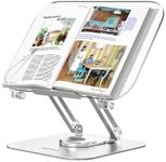 Amasrich Acrylic Book Stand for Reading, Upgraded Adjustable Holder with 360° Rotating Base & Page Clips, Foldable Desktop Ricer for displaying Cookbook, Laptop, Recipe, Textbook, Hands Free,Aluminum