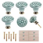 Taoduod 6PC Green Ceramic Drawer Knobs 35x30mm Green Ceramic Vintage Cabinet Knobs Embossed Furniture Handle Green Vintage Kitchen Wardrobe Knobs Pulls Vintage Flower Cabinet Knobs with Screws