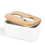 Ceramic Butter Dish with Wooden Lid and Multi-Functional Butter Knife of Stainless Steel, Butter Container with High Quality Silicone Seal, Butter Box for Butter, Nuts, Cheese (White)