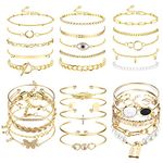 PATISORNA 30 PCS (6 PACK) Boho Gold Chain Bracelets Set for Women Multiple Layered Stackable Bracelet Open Cuff Wrap Bangle Adjustable Fashion Paperclip Link Italian Cuban Jewelry Christmas Gift