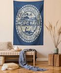 Ambesonne Modern Tapestry, Pacific Waves Surf Camp and Hawaii Logo Motif Effects Design, Wall Hanging for Bedroom Living Room Dorm Decor, 60" X 80", Khaki Slate Blue