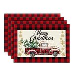 Artoid Mode Red and Black Buffalo Plaid Truck Merry Christmas Placemats Set of 4, 12x18 Inch Seasonal Winter Xmas Holiday Table Mats for Party Kitchen Dining Decoration